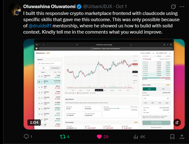 X post by Oluwashina Oluwatomi: “I built this responsive crypto marketplace frontend with claudecode using specific skills that gave me this outcome. This was only possible because of @druids01 mentorship.” With a video of the app.